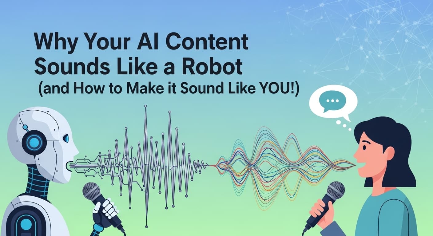 AI robot and human speaking into microphones, with sound waves between them, representing humanizing AI content